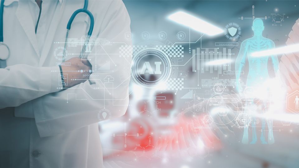 A doctor in a lab coat overlaid with a graphic representing the use of AI in medicine.