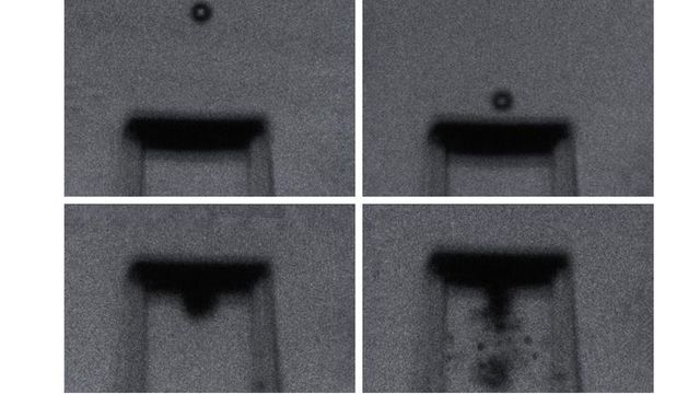 A microparticle is fired towards a metamaterial and goes through it, shown in four images. 