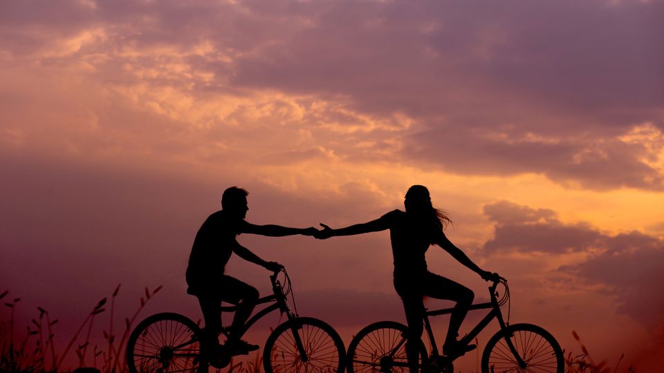 A couple silhouetted against the sky, on bikes, holding hands. 