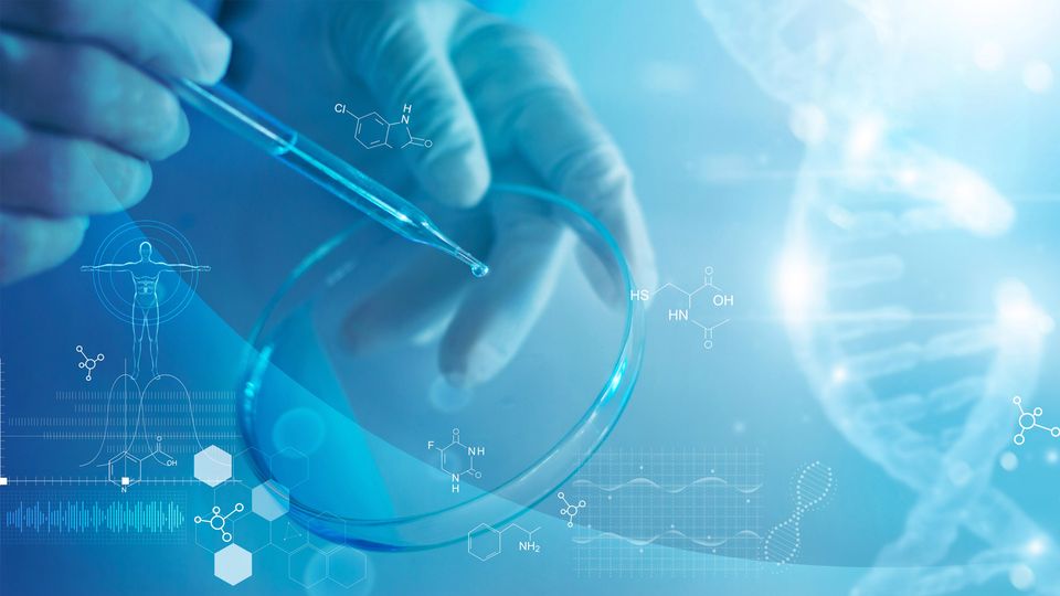 Gloved hands hold a pipette and cell culture dish. The image is overlaid with graphics of DNA, molecules and the human body.