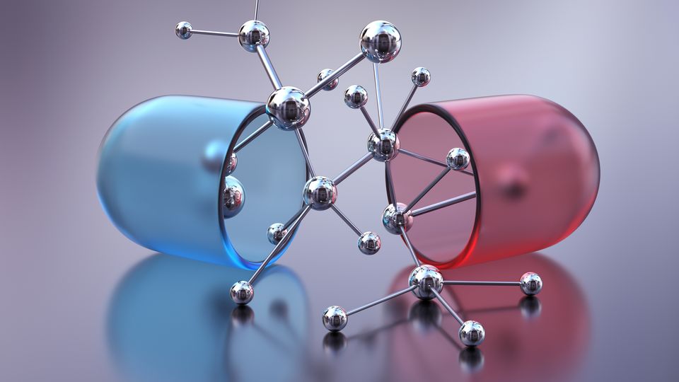 A blue and red pill split open showing a drug molecular structure.