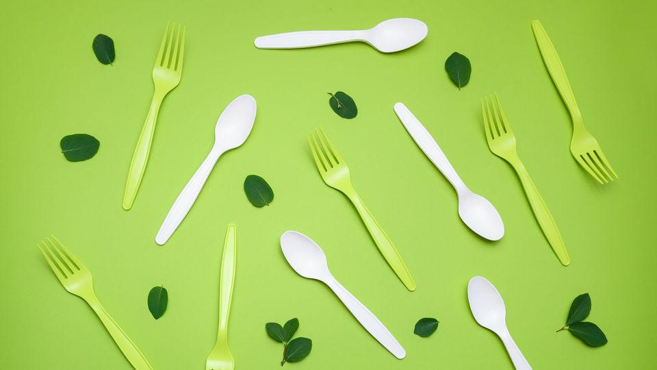 Plastic cutlery sitting on a green background
