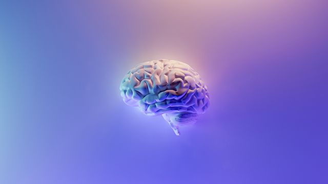 A brain with a holographic pink and purple background. 