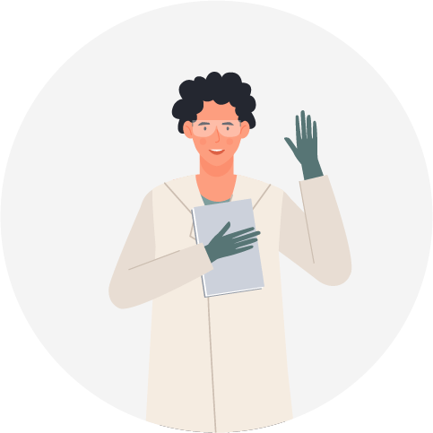 An illustration of a scientist with their right hand up volunteering.